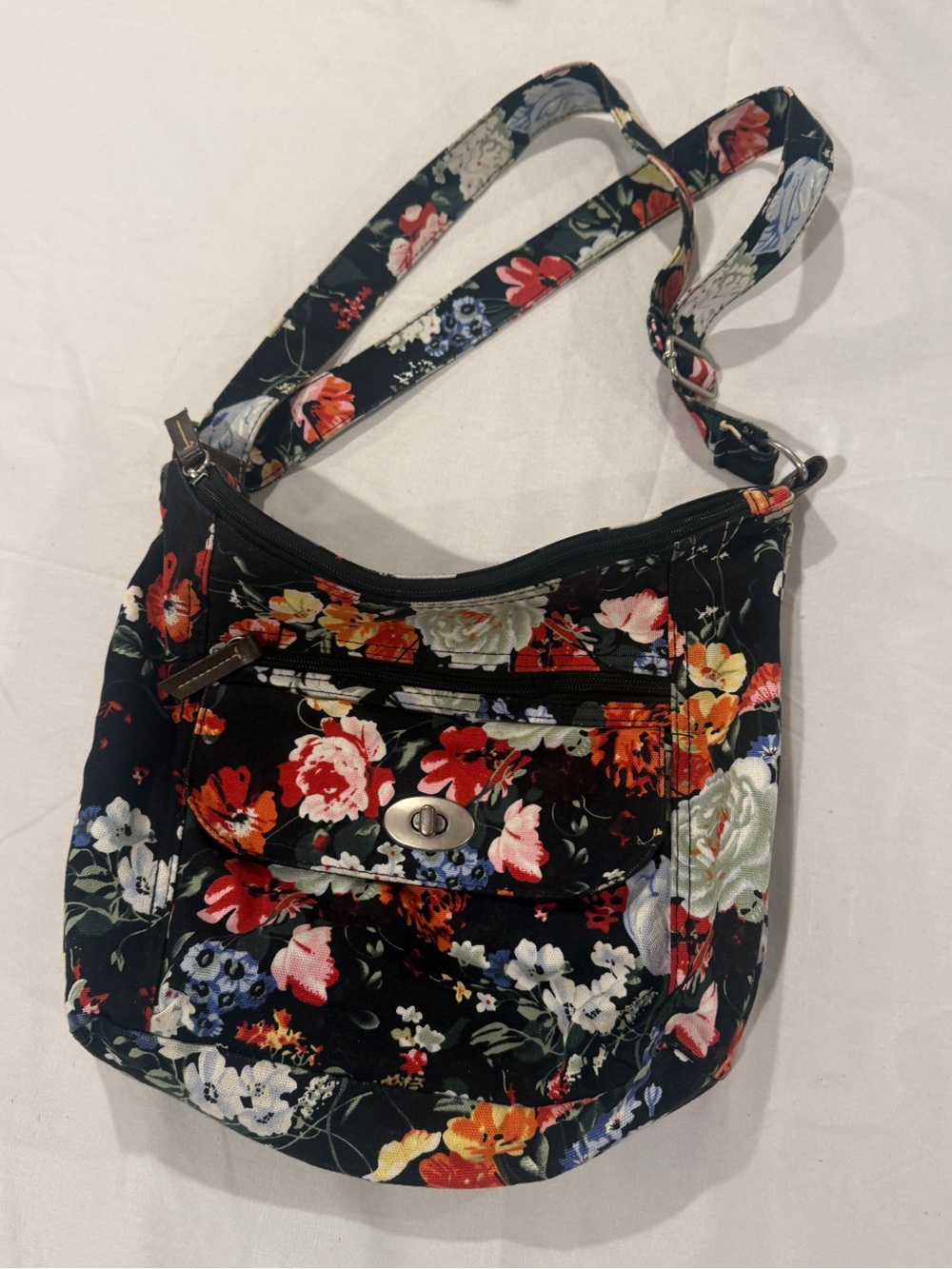 ANDE By Jaclyn Floral Cotton Canvas Crossbody Hobo Bag Multi Pocket Purse Girly